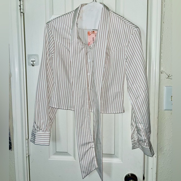 SHEIN Tops - SHEIN cropped Striped White and brown Blouse with Tie Neck